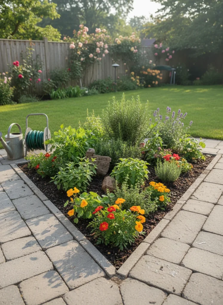 An unused corner of the yard transformed into a triangular garden bed