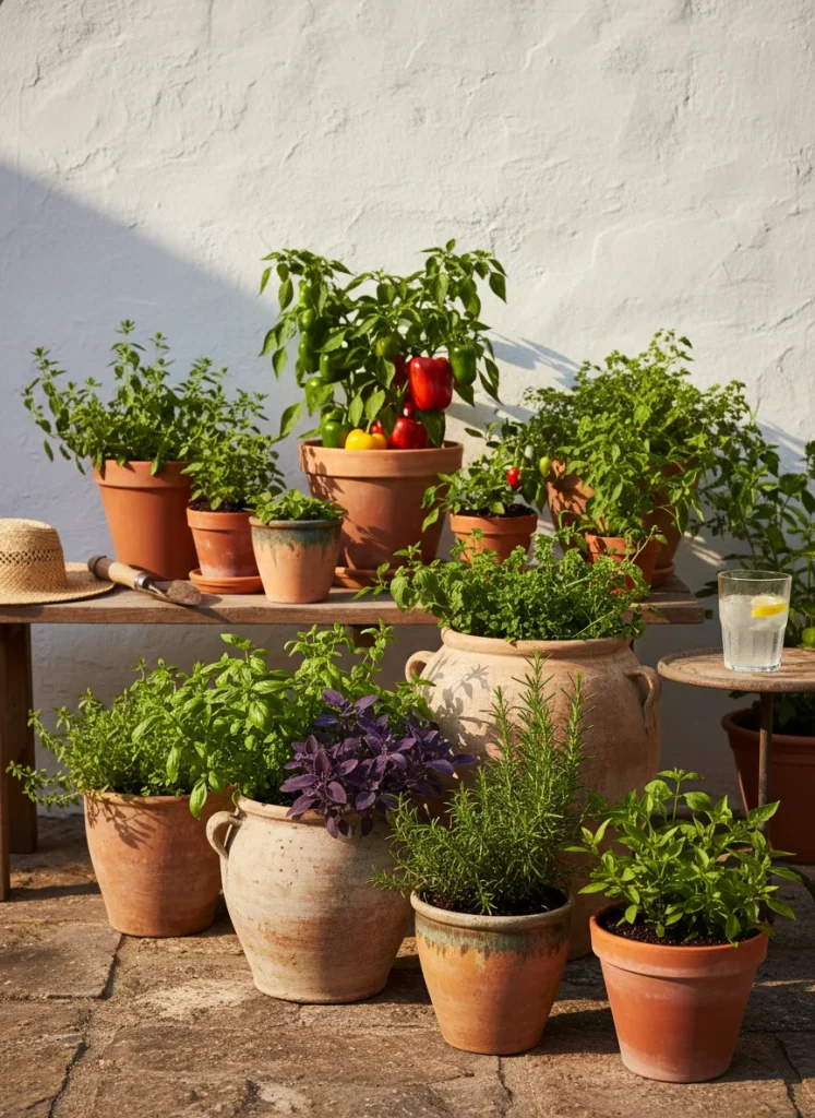 Assorted terracotta pots on a sunny patio holding herbs and peppers]