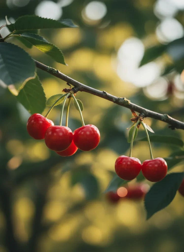 Bright red cherries hanging in pairs from a branch with sunlight filtering through the leaves