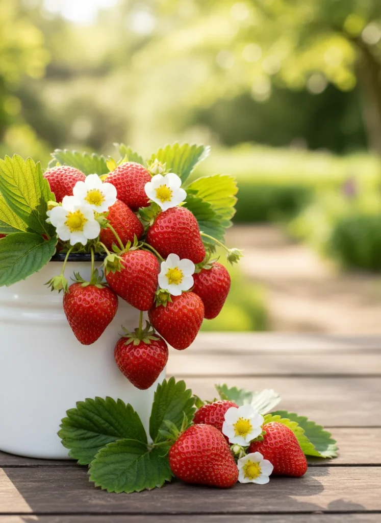 Bright red strawberries hanging over the side of a white bucket with small white blossoms visible among the leaves