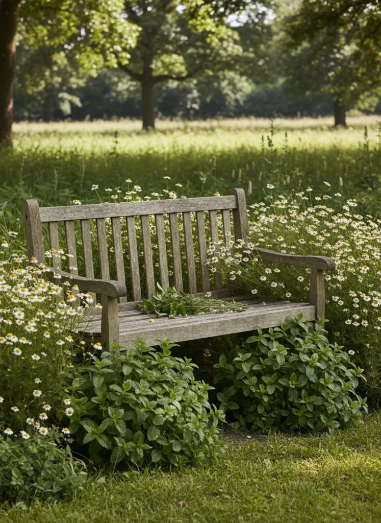 Chamomile and mint plants arranged around a small garden chair