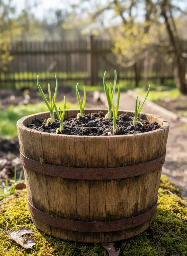 Green garlic shoots emerging from the soil in a weathered wooden bucket during the early spring