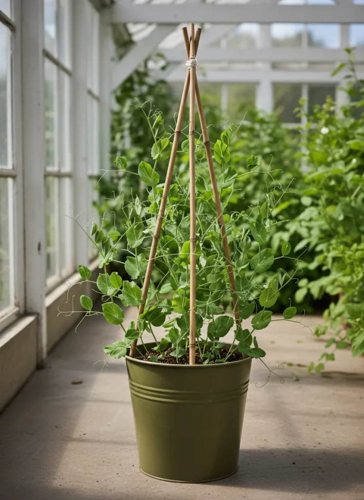 Green pea vines with delicate curly tendrils climbing a bamboo tripod inside a large green bucket