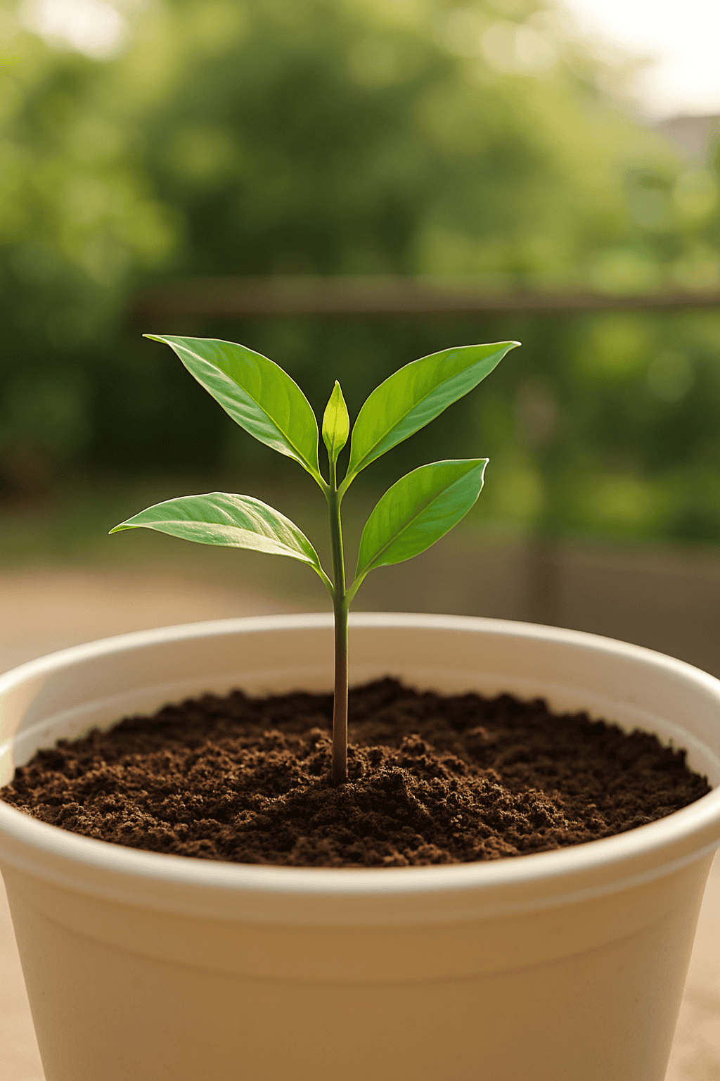 Green healthy plant seedling growing in soil in a white pot.
