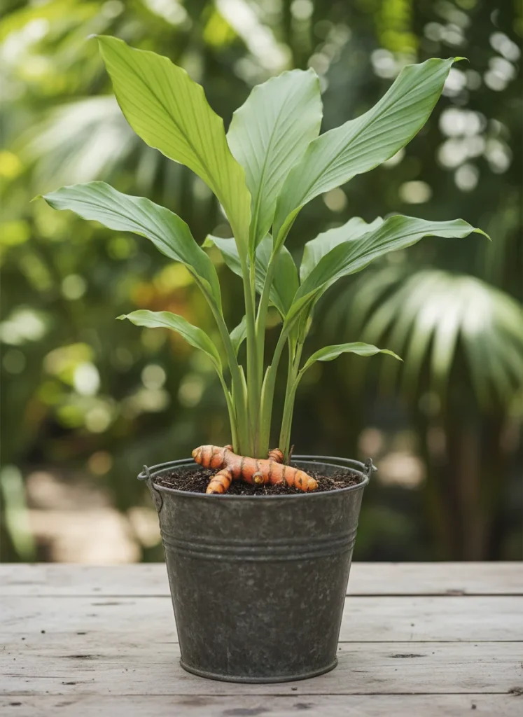 Large tropical green leaves of a turmeric plant growing in a dark bucket with a hint of orange root showing