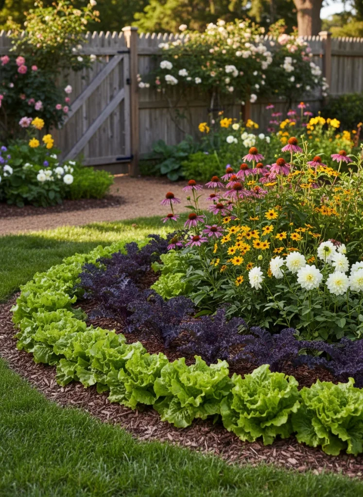Lettuce and kale planted as decorative borders in a flower bed