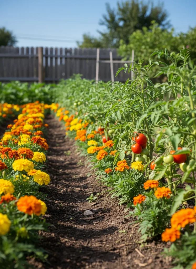 Marigolds and tomatoes planted together in a vibrant row