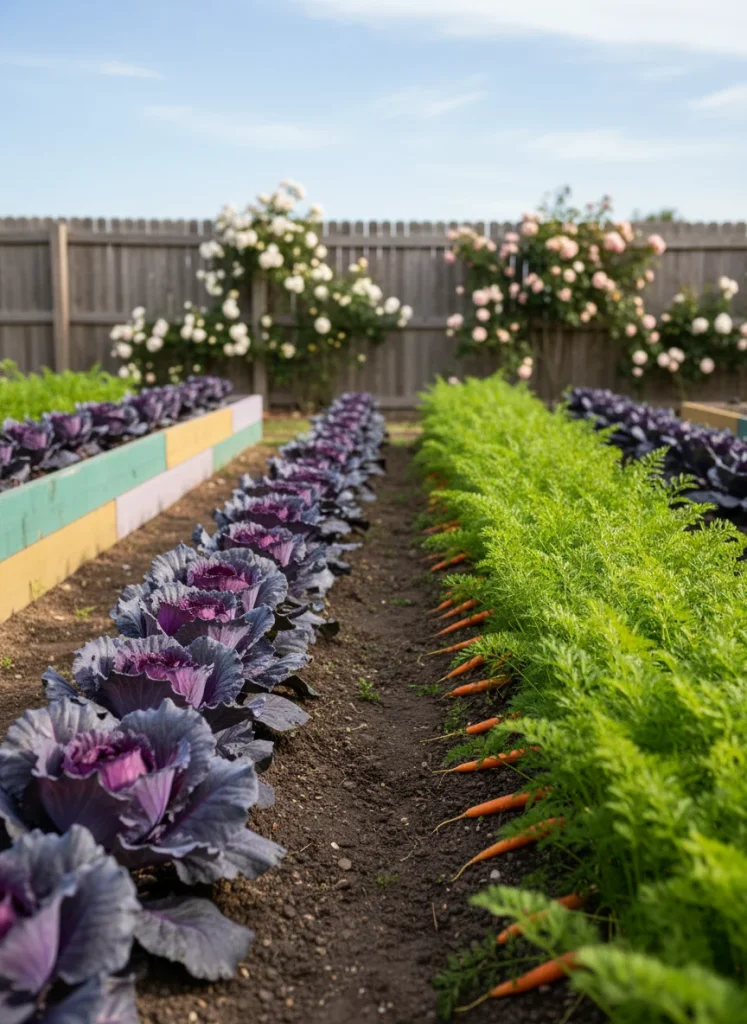 Purple cabbage and orange carrots planted in colorful alternating lines
