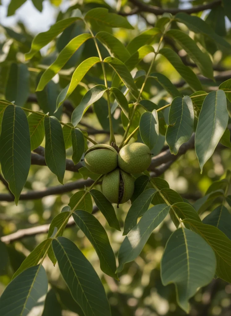 [Rough textured green walnut husks hanging from a branch among long compound leaves]