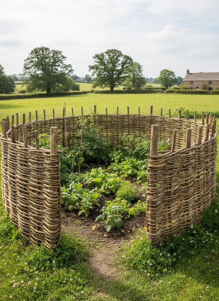 Rustic wattle fencing surrounding a small vegetable patch