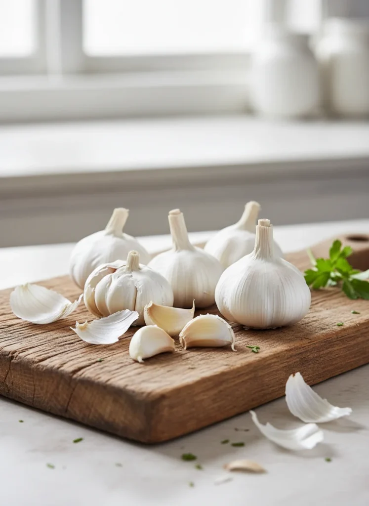 Several bulbs of white garlic and loose cloves on a rustic wooden cutting board