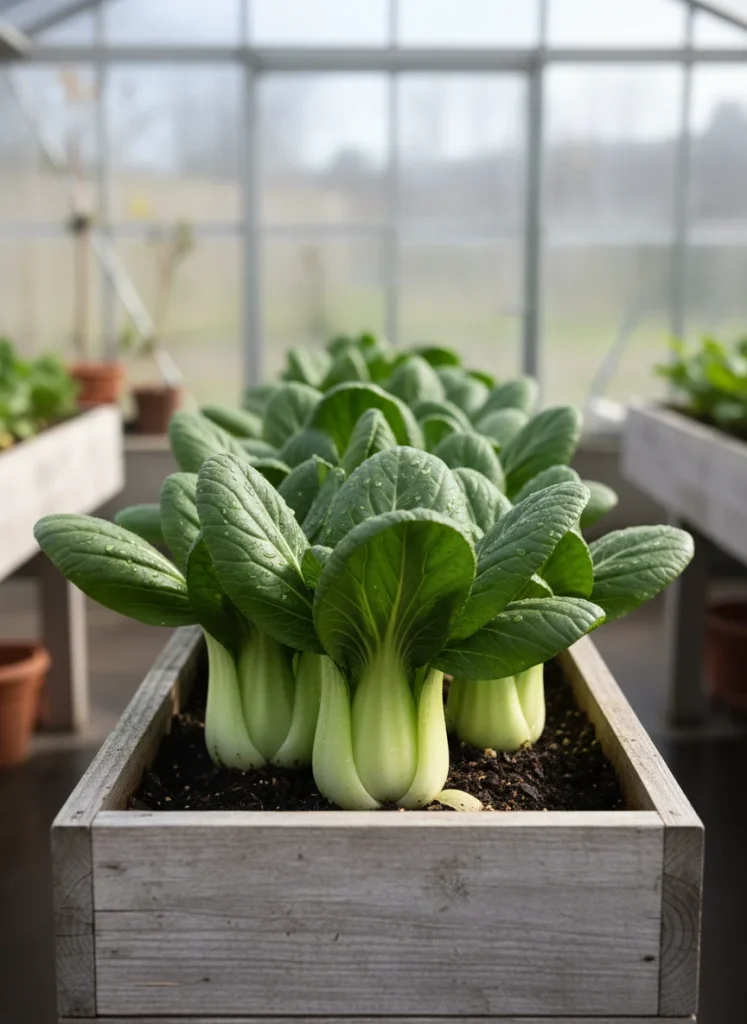 Several heads of bok choy with bright white stems and dark green tops growing in a neat row inside a long rectangular bucket
