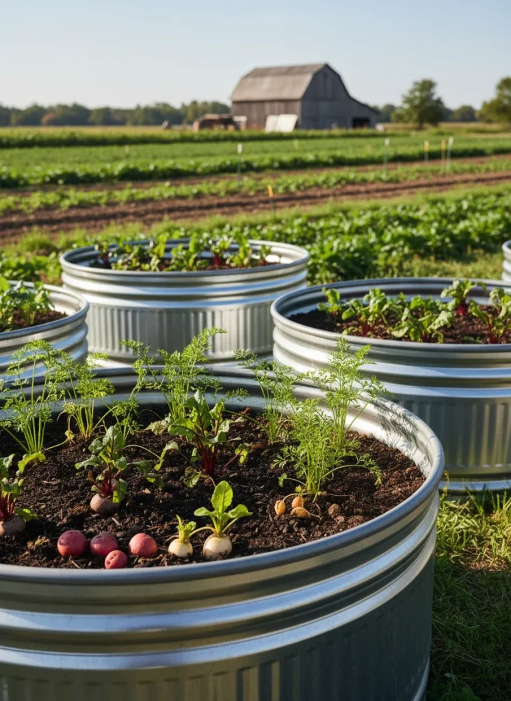Silver metal livestock tanks used as deep raised beds for root vegetables