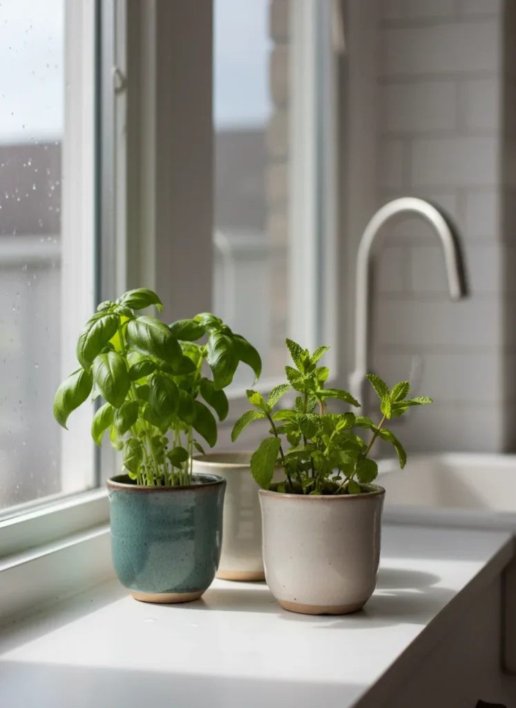 Small ceramic pots of basil and mint on a bright kitchen windowsill