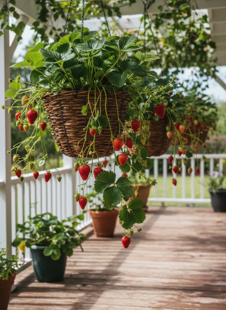 Strawberries cascading down from hanging baskets on a porch