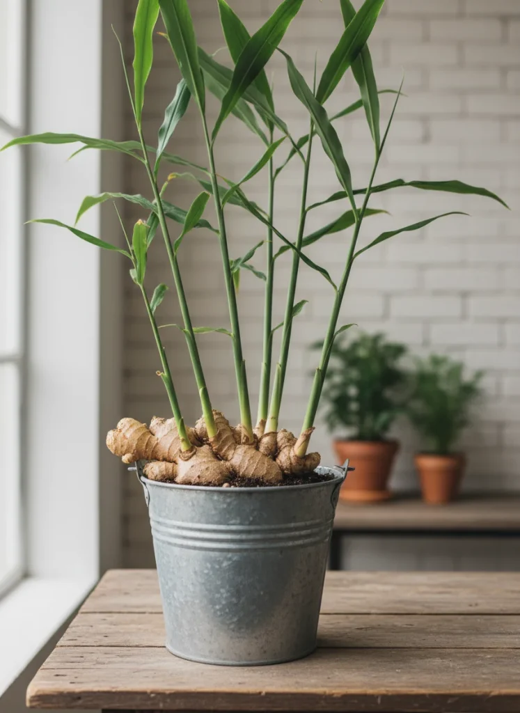 Tall green ginger stalks growing out of a bucket with a portion of the knobby root visible at the soil line