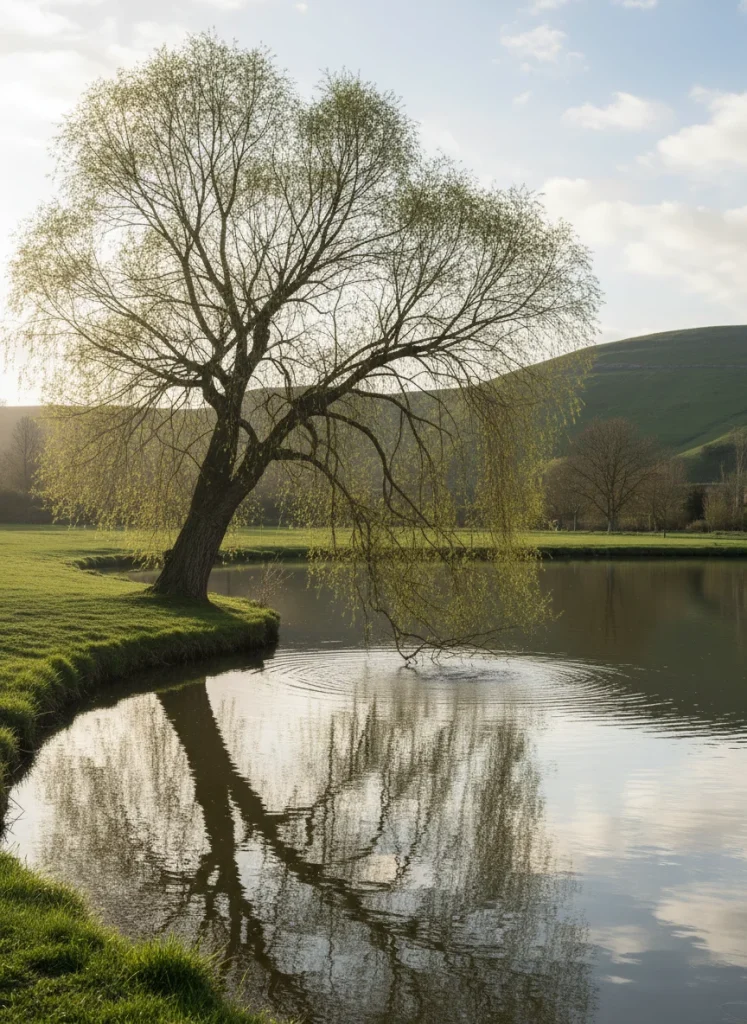The long flowing branches of a weeping willow trailing into the still water of a pond