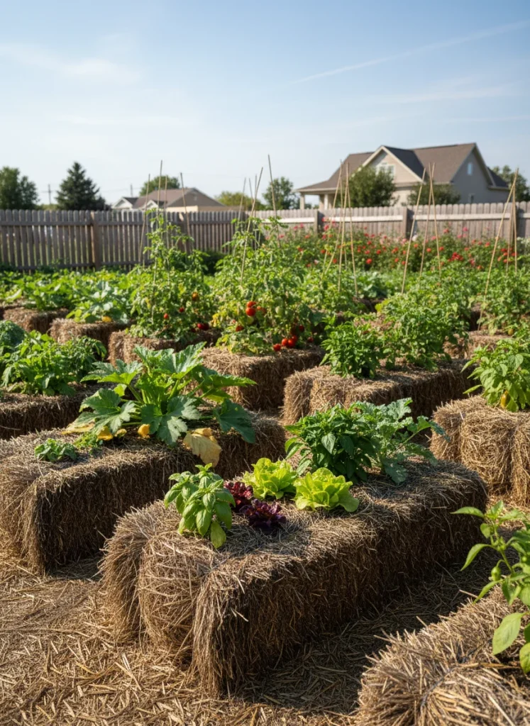 Vegetables growing directly out of conditioned straw bales in a sunny yard