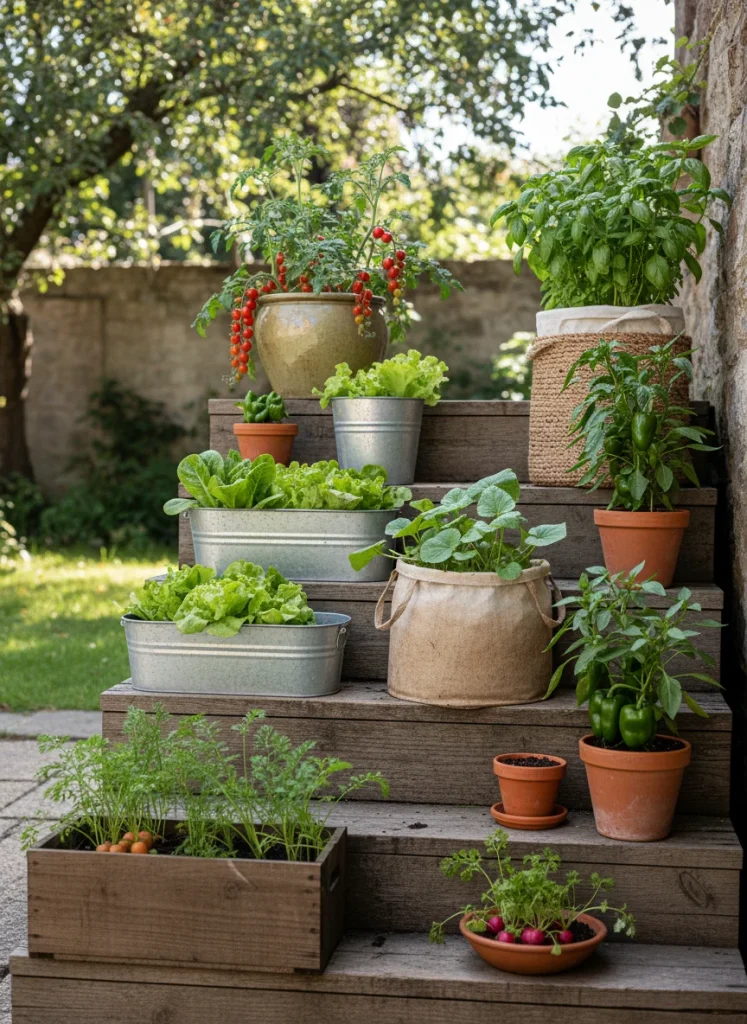 Wooden steps used as plant stands for various vegetable containers