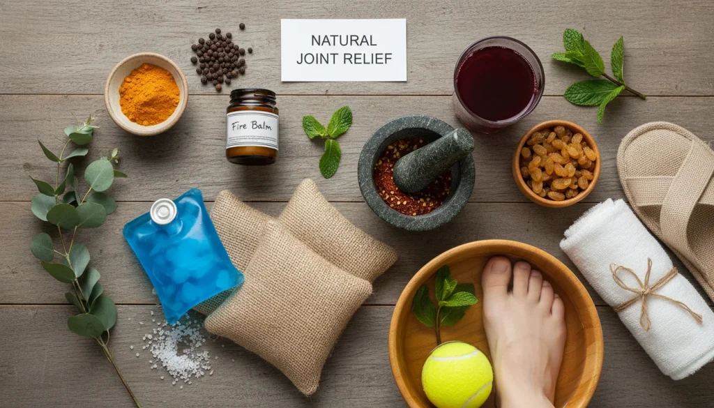 A flat lay photo (overhead view) on rustic wooden background showing various natural remedies for joint pain. Elements include: a small jar of homemade cayenne 'Fire Balm', a bowl of turmeric powder with black peppercorns, a glass of tart cherry juice, a small bowl of golden raisins, a mortar and pestle with chili flakes, a small ice pack, a heating pad or rice bag, a small wooden bowl with a foot soaking in Epsom salt, a tennis ball for foot massage, a white rolled towel, slippers, and sprigs of eucalyptus and mint for aromatherapy. The overall aesthetic should be natural, holistic, and professional, suitable for a health blog's featured image. Include a small white card at the top center with the text 'NATURAL JOINT RELIEF' in black sans-serif font.