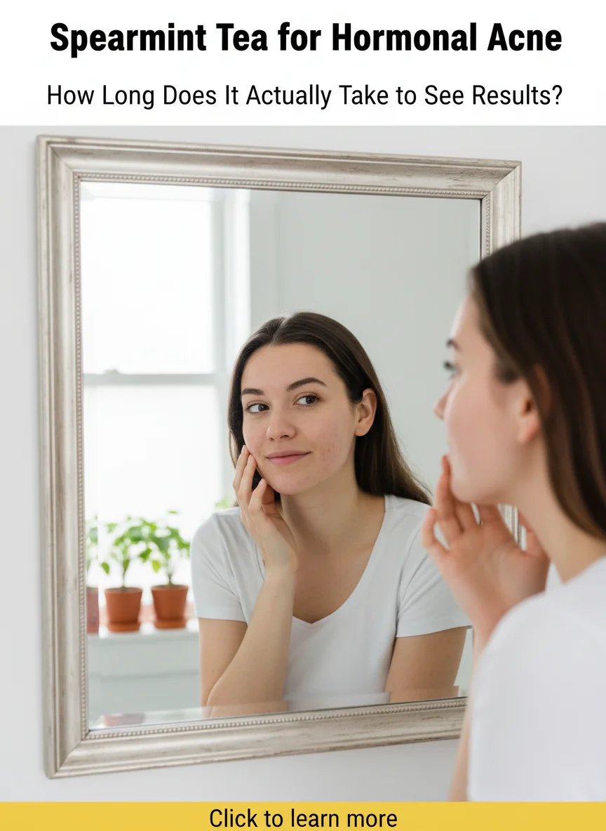 A woman with acne looking into mirror, with this title at top 'Spearmint Tea for Hormonal Acne' and this in the middle 'How Long Does It Actually Take to See Results?' the footer writes in a yellow background 'Click to learn more'
