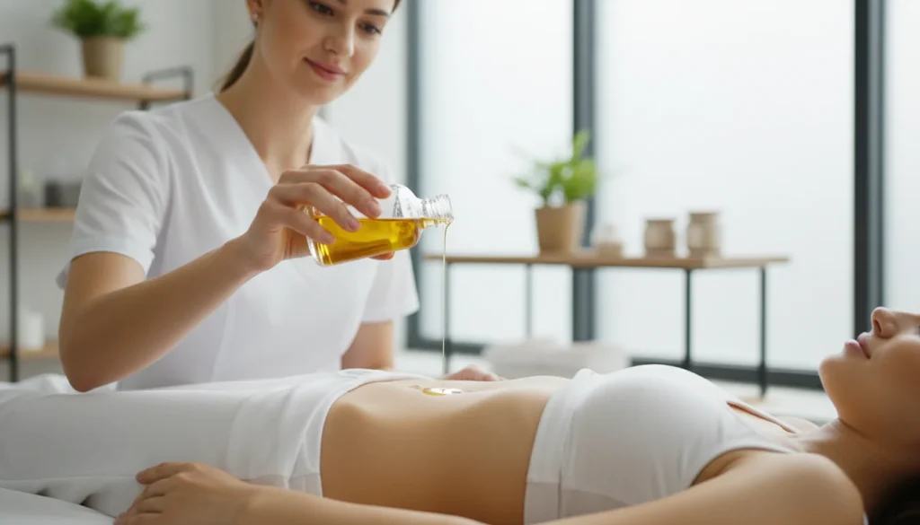 A doctor pouring castor oil into a female patient belly button