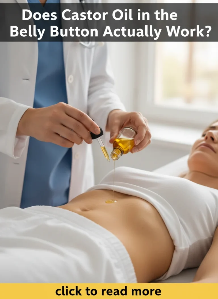 A doctor pouring castor oil into a femal patient belly button