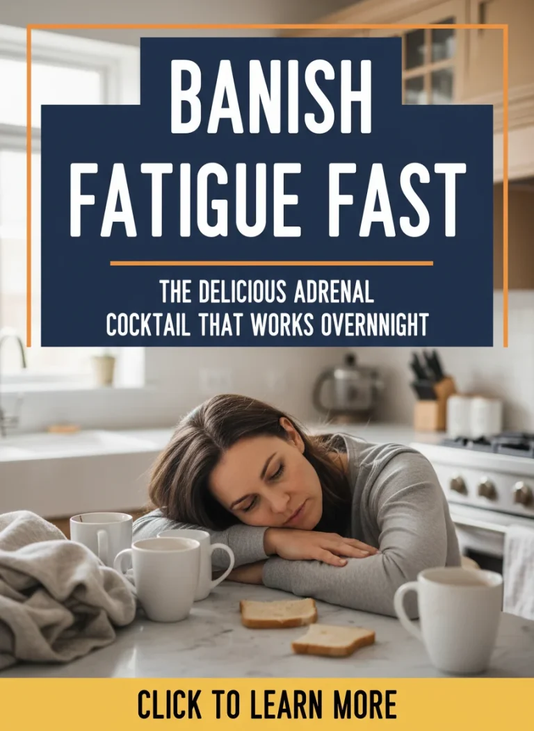 Banish Fatigue FAST: The Delicious Adrenal Cocktail That Works Overnight is the tile featuring a woman struggling fom fatique wth a footer that says 'click to learn more' in a yellow background