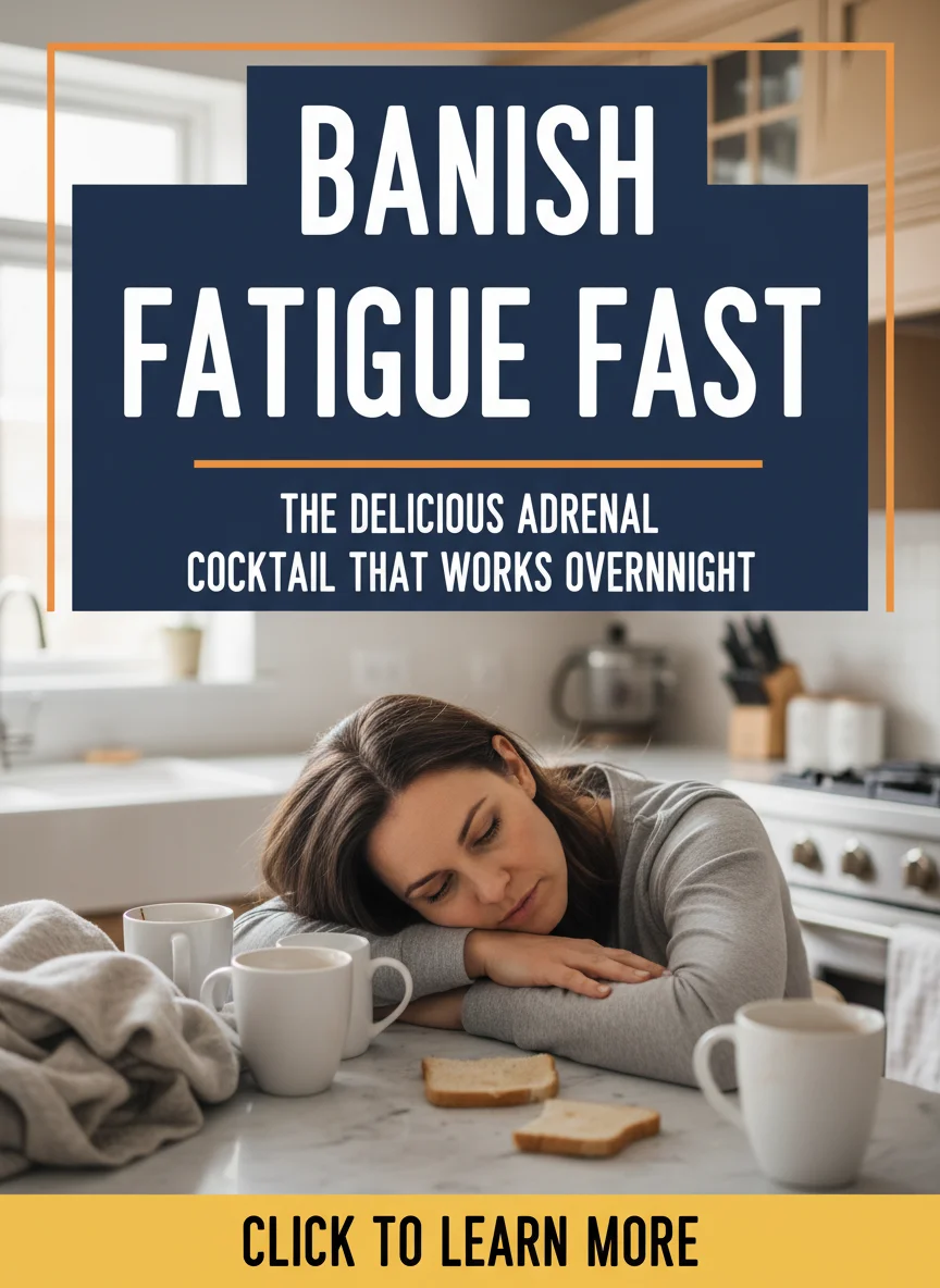 Banish Fatigue FAST: The Delicious Adrenal Cocktail That Works Overnight is the tile featuring a woman struggling fom fatique wth a footer that says 'click to learn more' in a yellow background