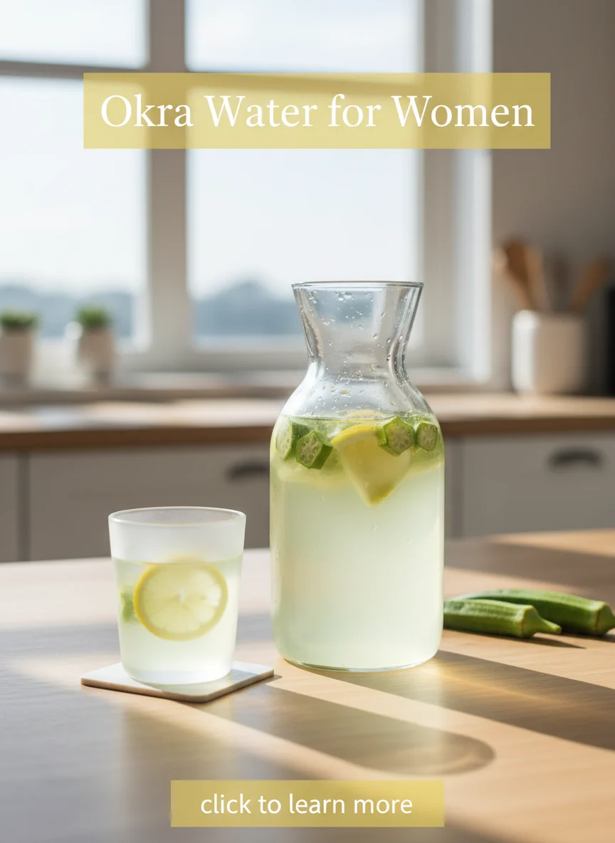 Okra Water for Women is the title, A cinematic photo of okra water with a subtle footer that says click to learn mre in a yellow backgound
