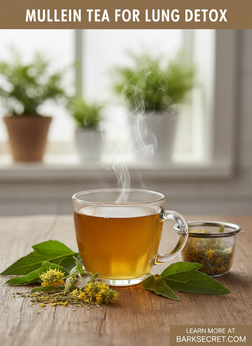 mullein tea for lung detox is the title featuring an actual mullein tea image with a subtle footer that says learn more at barksecret.com