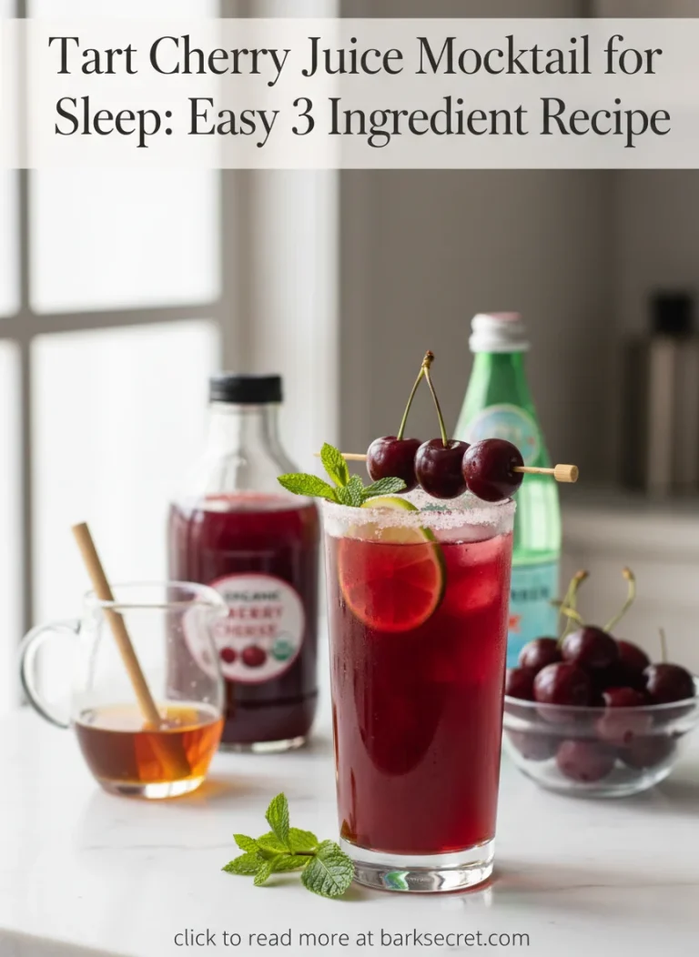Tart Cherry Juice Mocktail for Sleep: Easy 3-Ingredient Recipe is th title with a subtle footer that says click to read more at barksecret.com