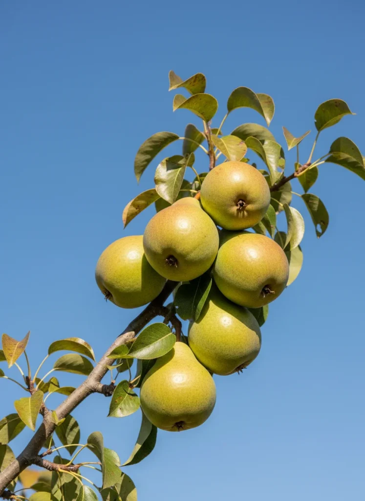 A cluster of green and yellow pears ripening on a branch against a clear blue sky