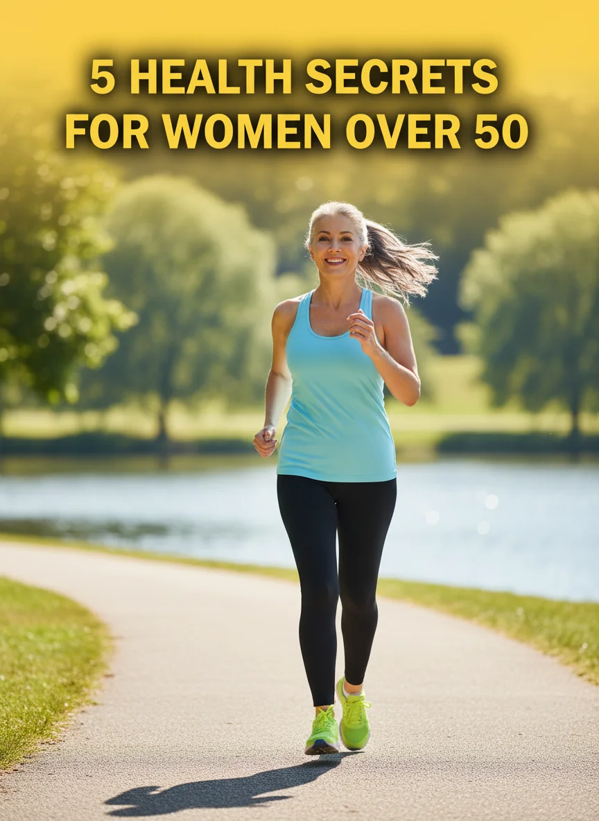woman over 50 jogging with this title on top in a yellow background '5 Health Secrets For Women Over 50'