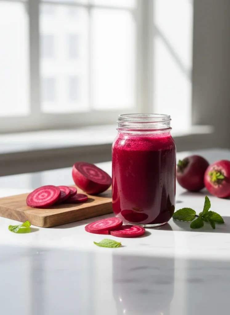 A bright, clean aesthetic shot of fresh beet juice in a glass jar next to raw sliced beets, emphasizing the vibrant magenta color and health connotations.