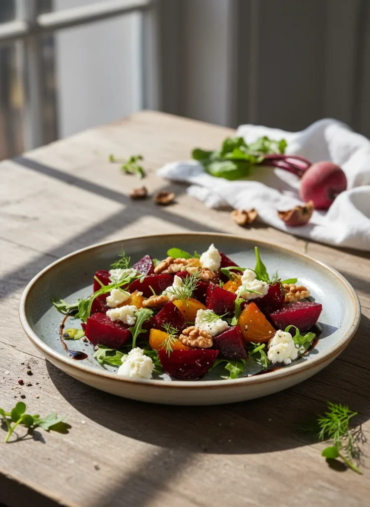 A stylized food photography shot of a roasted beet salad with goat cheese and walnuts on a ceramic plate, showcasing the culinary potential of the harvest.