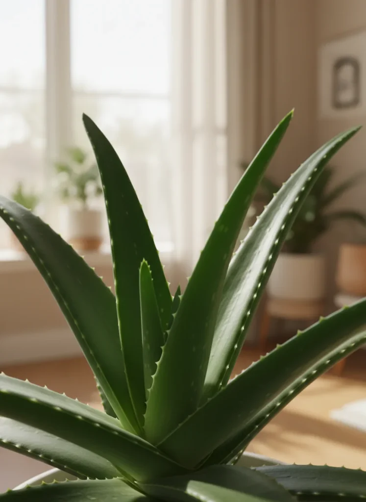 Close up detail shot of Aloe vera leaves showing the serrated edges and healthy green texture. The background is blurred (bokeh) showing a bright, sun-drenched living room context.