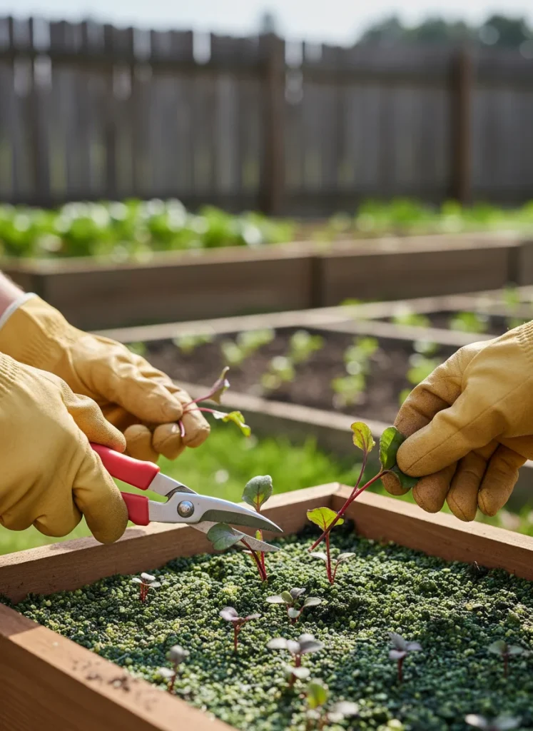 Detailed instructional photo showing a gardener using small precision scissors to snip tiny beet seedlings at the soil line, demonstrating proper thinning technique.