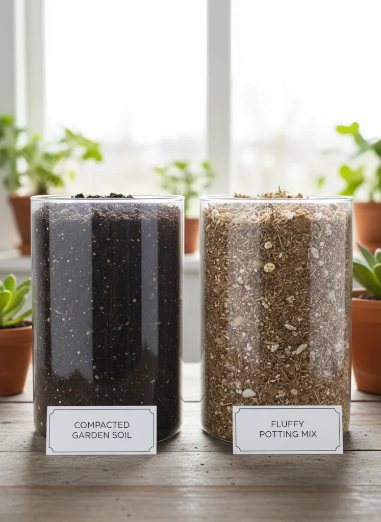 Side-by-side comparison of two containers - one with compacted garden soil (dense, hard), one with fluffy potting mix (light, aerated) with visible texture difference