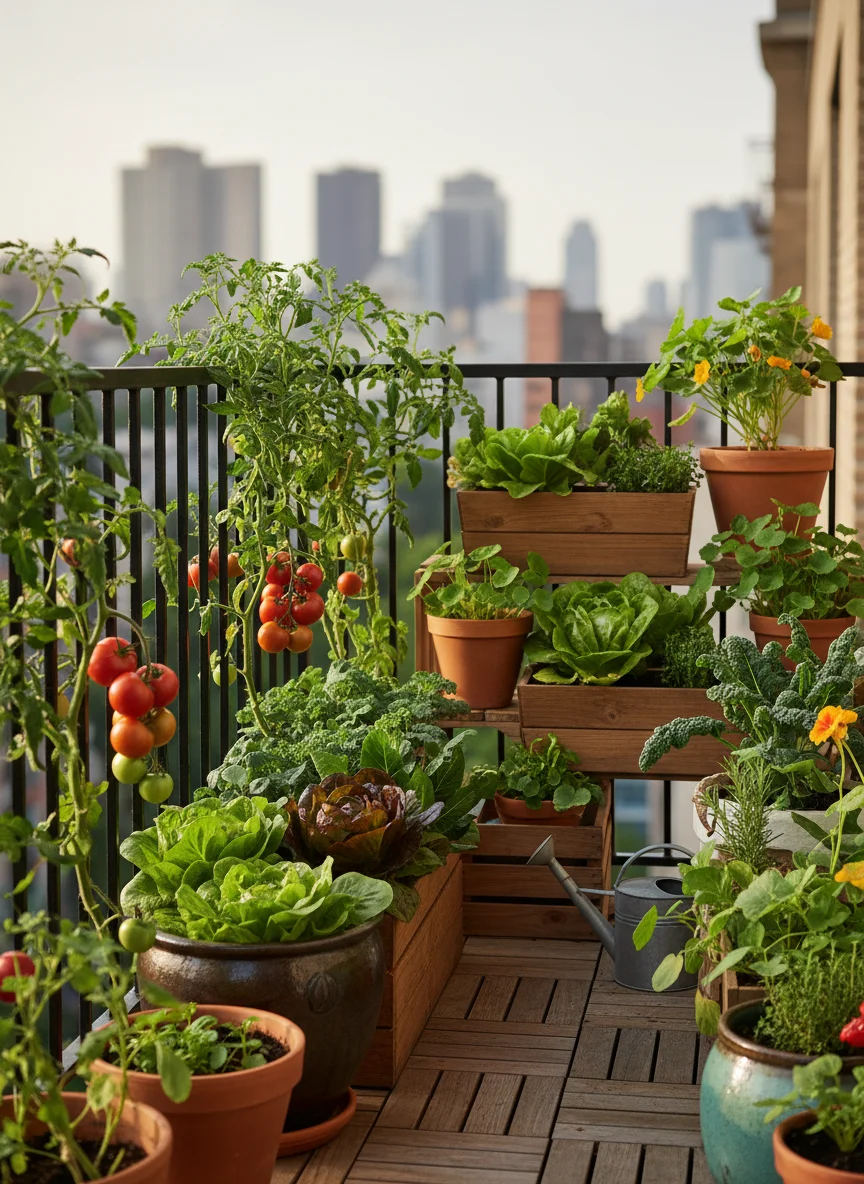 Small urban balcony garden with multiple containers growing vegetables, tomatoes hanging from railings, lettuce in pots - showing productive small-space gardening