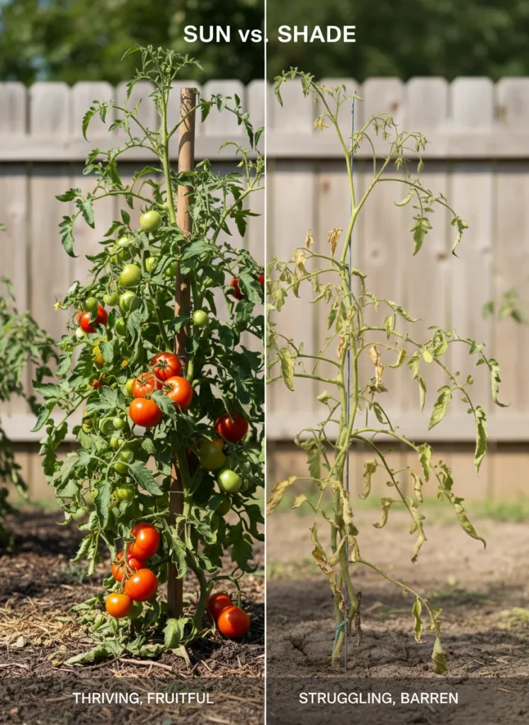 Split comparison showing same tomato plant - one side in full sun thriving with fruit, other side in shade looking leggy and pale with no fruit
