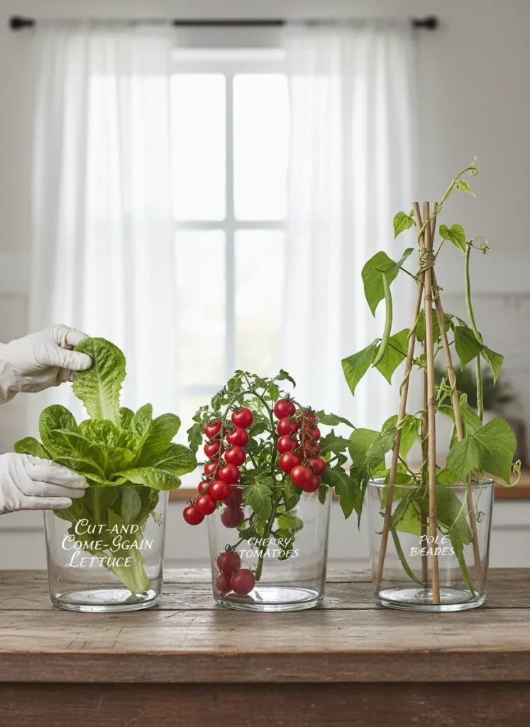 Three labeled containers showing cut-and-come-again lettuce with outer leaves being harvested, cherry tomato plant loaded with ripe red tomatoes, and pole beans climbing up a simple trellis