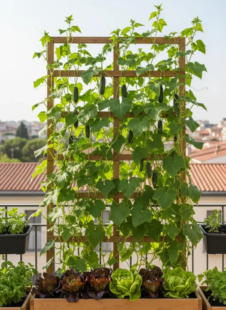 Vertical garden setup on small balcony showing cucumbers climbing trellis reaching 6 feet high with lettuce planted at the base below, demonstrating 3D growing space maximization