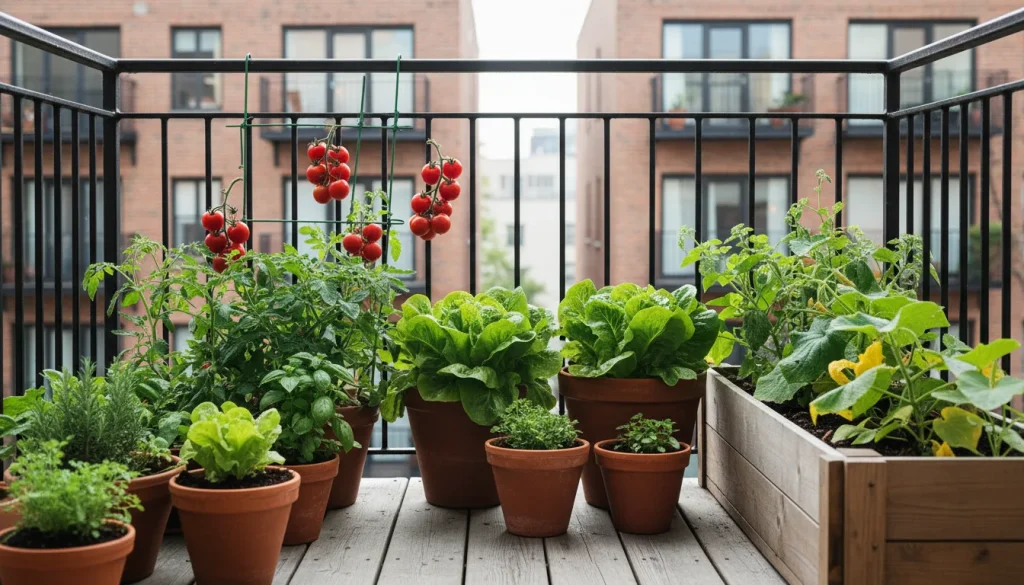 Image: Small urban balcony garden with multiple containers growing vegetables, tomatoes hanging from railings, lettuce in pots - showing productive small-space gardening