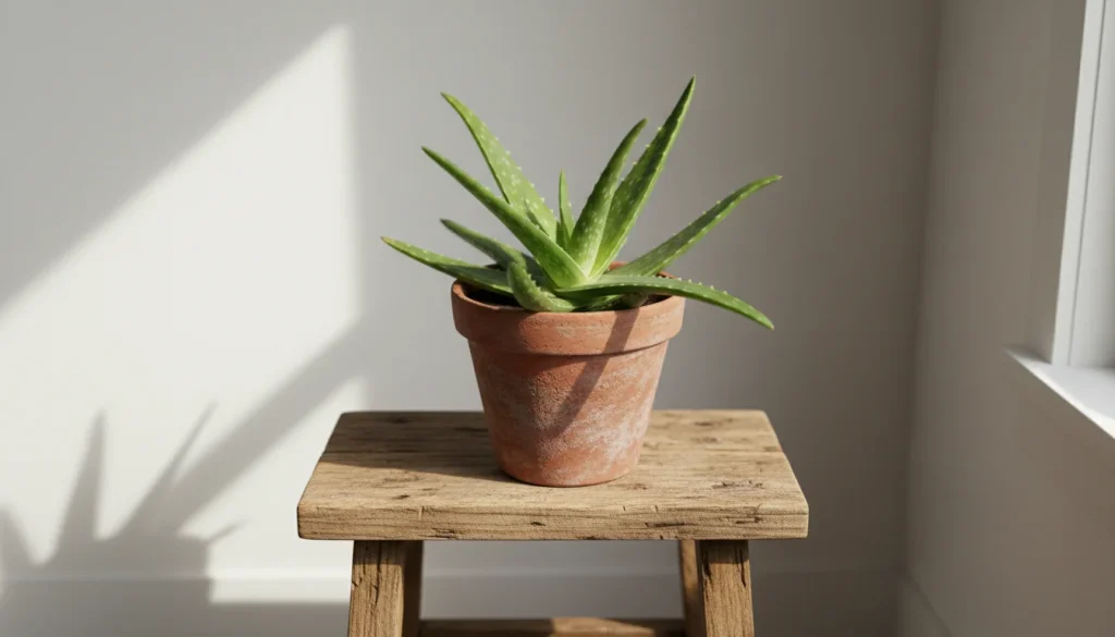 A high-angle, vertical shot of a lush, healthy Aloe vera plant in a terracotta pot sitting on a rustic wooden stool. Soft morning light streams in, highlighting the plumpness of the speckled leaves. Aesthetic is clean, minimalist, and organic.