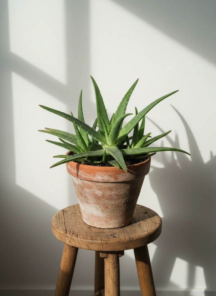 A high-angle, vertical shot of a lush, healthy Aloe vera plant in a terracotta pot sitting on a rustic wooden stool. Soft morning light streams in, highlighting the plumpness of the speckled leaves. Aesthetic is clean, minimalist, and organic.