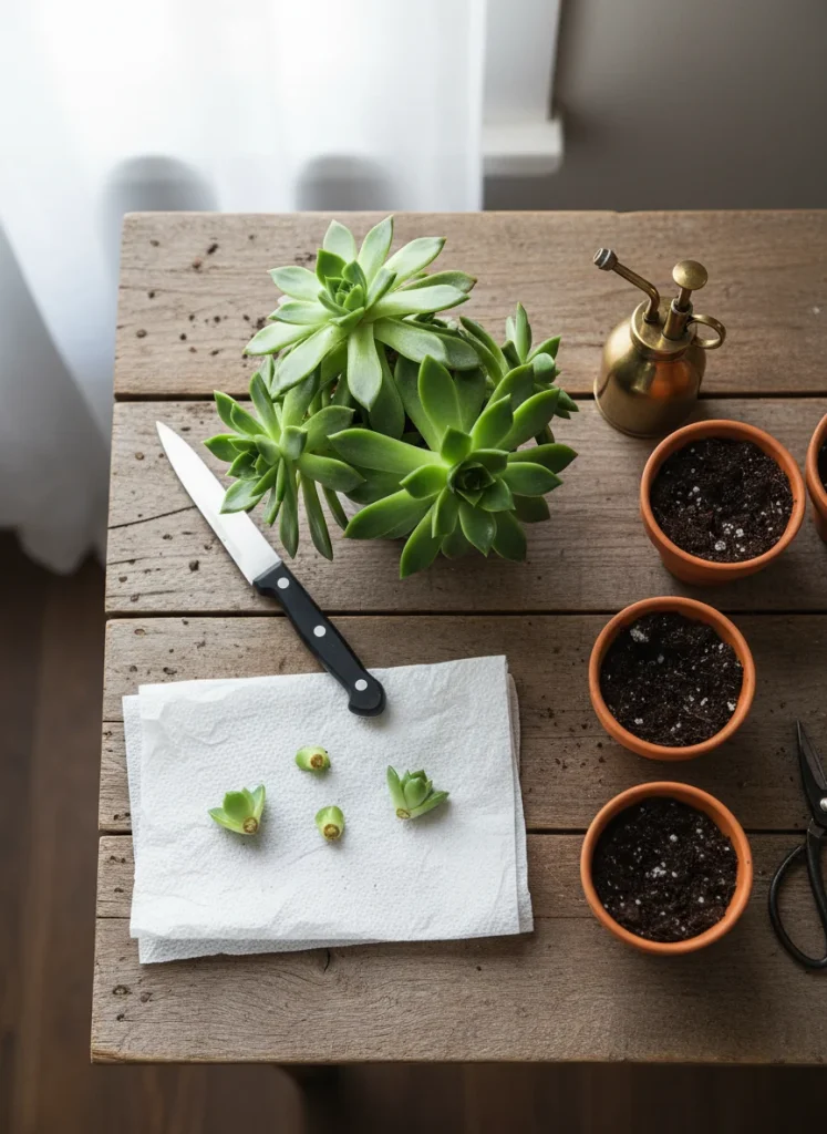 A flat-lay style photo on a wooden table showing the propagation process. A mother plant, a sharp knife, and three small "pups" sitting on a paper towel to callus. Small terracotta pots with fresh soil are waiting nearby.
