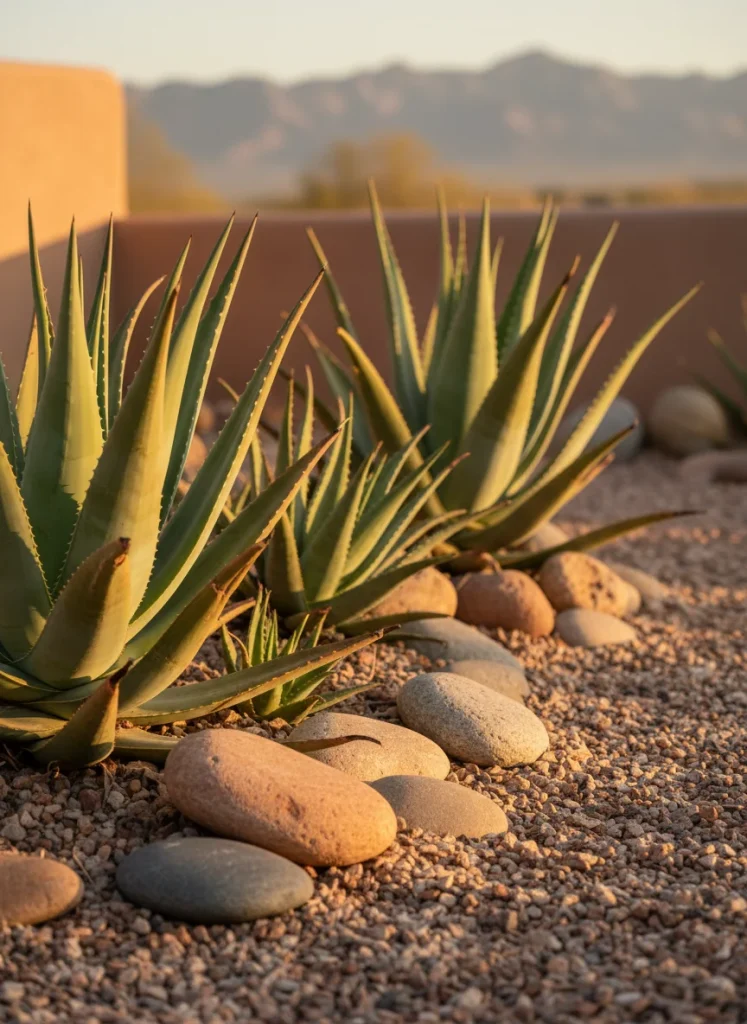 A vertical shot of a desert garden bed featuring large Aloe vera plants intermixed with decorative stones and gravel. The lighting is golden hour sunset, emphasizing the architectural shape of the plants.