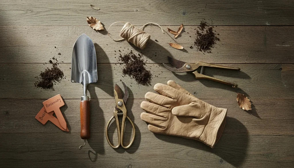 A high-angle, aesthetic flat-lay photograph on rustic weathered wood. A curated selection of gardening tools including a stainless steel trowel, vintage pruning shears, and leather gloves. Soft, natural lighting with some soil scattered artistically. Vertical aspect ratio for Pinterest.