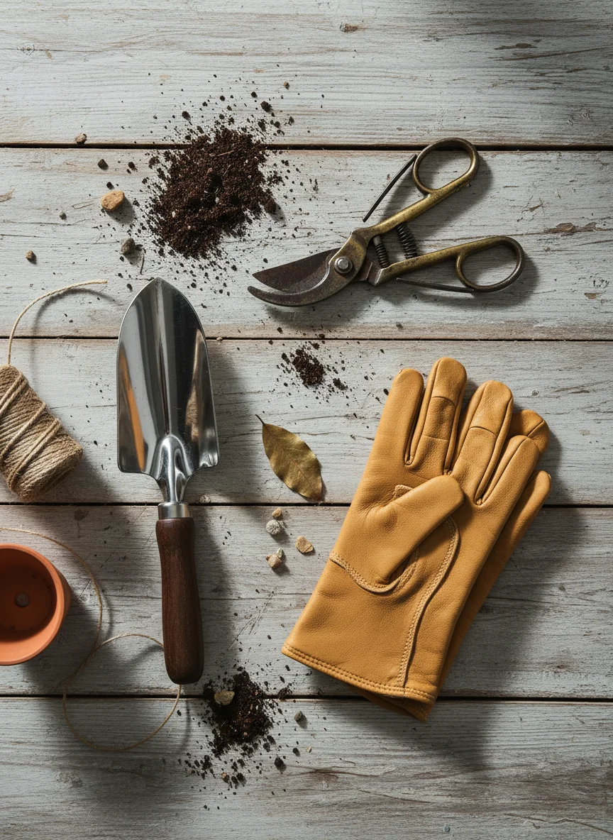 A high-angle, aesthetic flat-lay photograph on rustic weathered wood. A curated selection of gardening tools including a stainless steel trowel, vintage pruning shears, and leather gloves. Soft, natural lighting with some soil scattered artistically. Vertical aspect ratio for Pinterest.